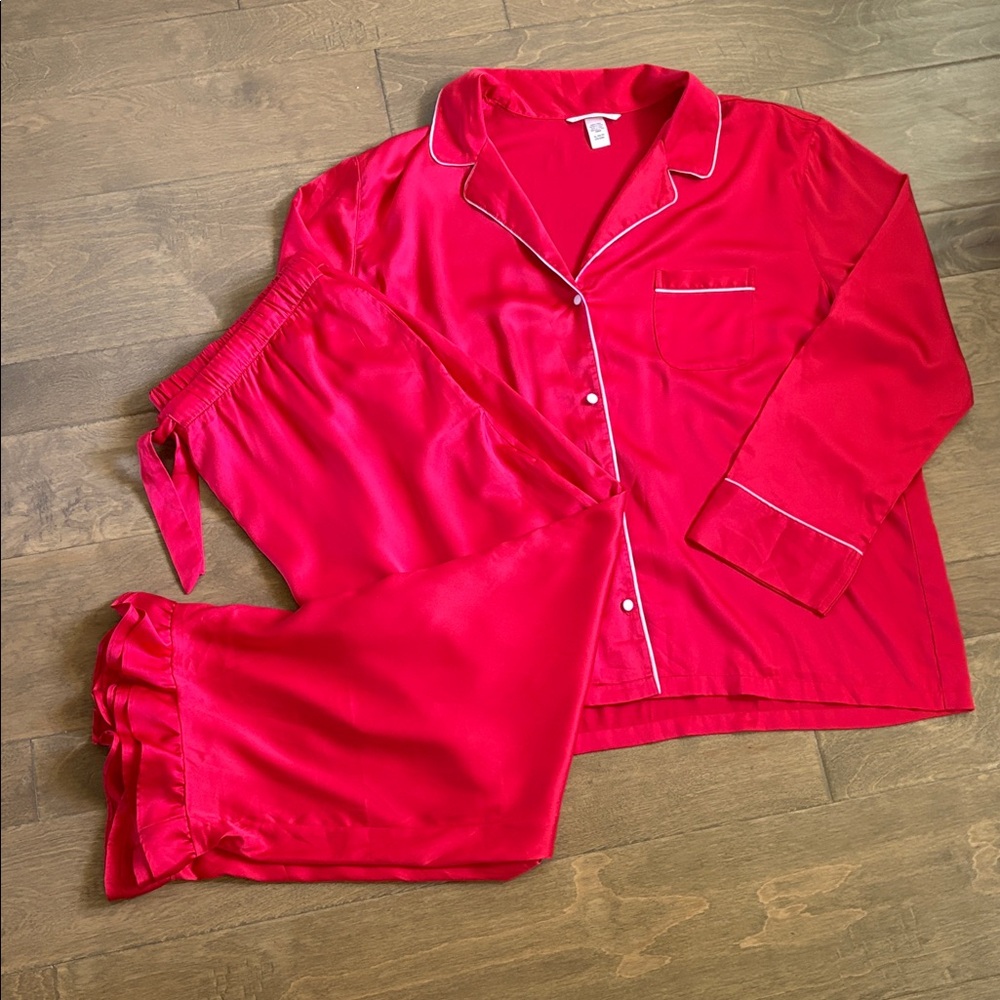 Victoria’s Secret Satin Pajama Set Red Ruffle Pants Long Sleeves Size XL